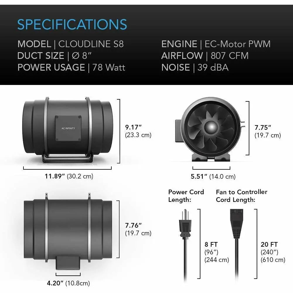 AC Infinity CLOUDLINE S8, Quiet Inline Duct Fan System with Speed Controller, 8" AC Infinity